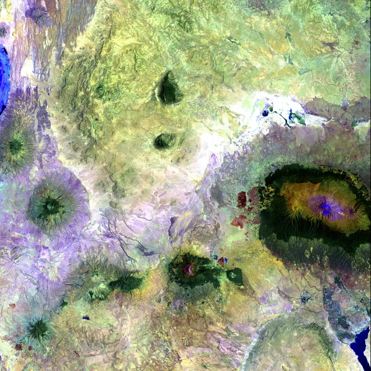 A satellite view of farmland grids threaded by a meandering river