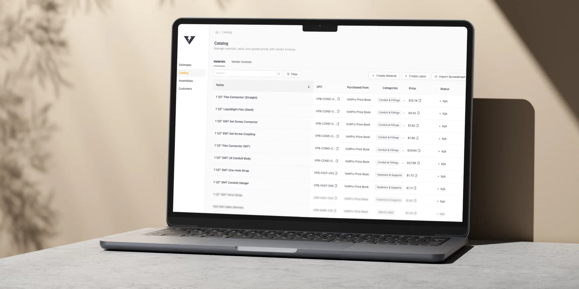 The VoltPro material catalog open on a laptop